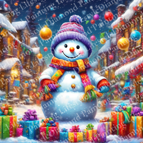 Schneemann mit Geschenken - Diamond Painting Komplett-Set in 50x50cm